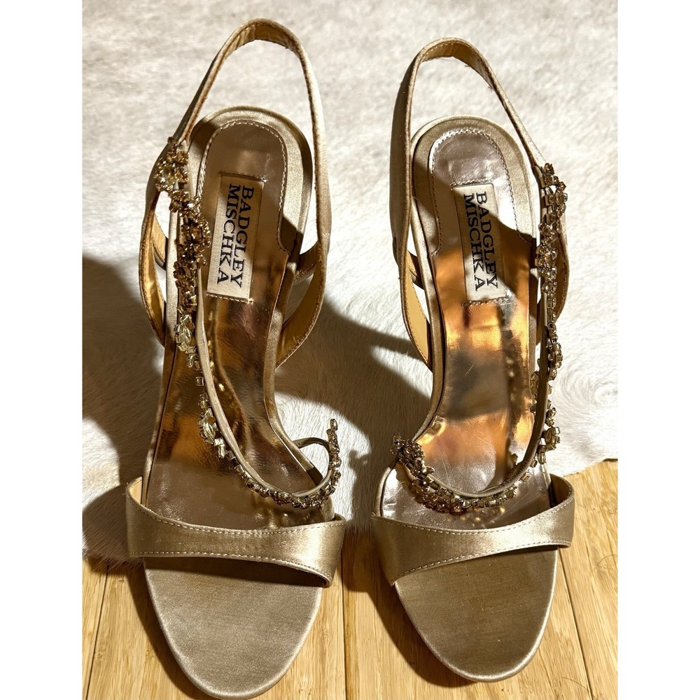 Badgley Mischka Women's Champagne Rhinestone Strappy Heels Pumps Size 7.5